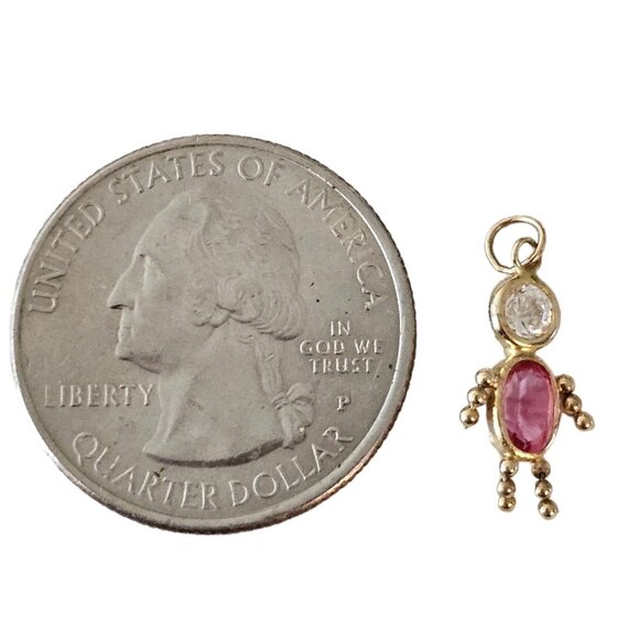 14K Yellow Gold Pink Clear CZ Girl Charm Pendant L78 - Picture 5 of 6